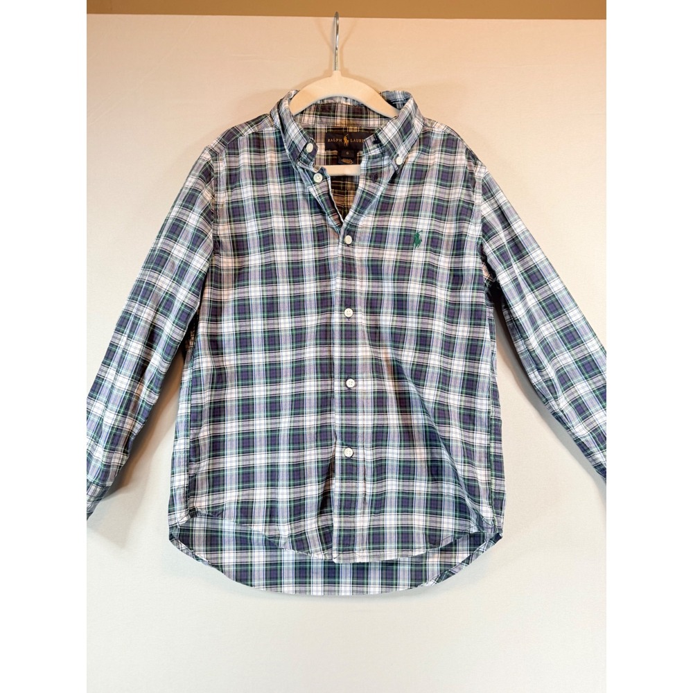 Ralph Lauren Kids Boys Green Purple Plaid Long Sleeve Button Down Shirt Size 6
